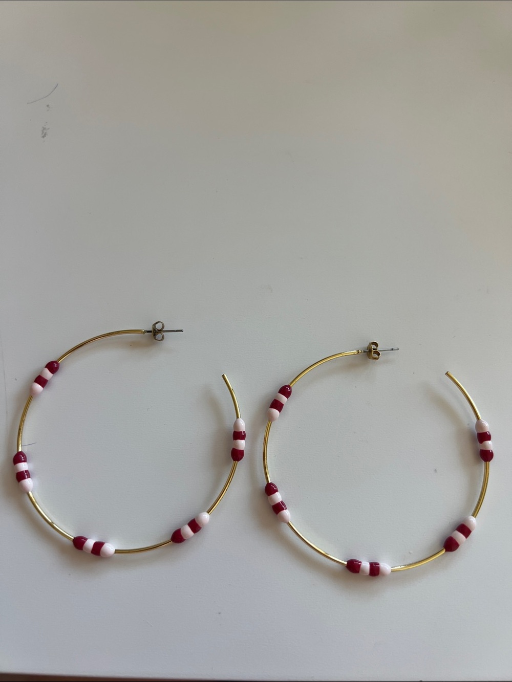 Gold Hoop Earrings with Red and White Bead Accents